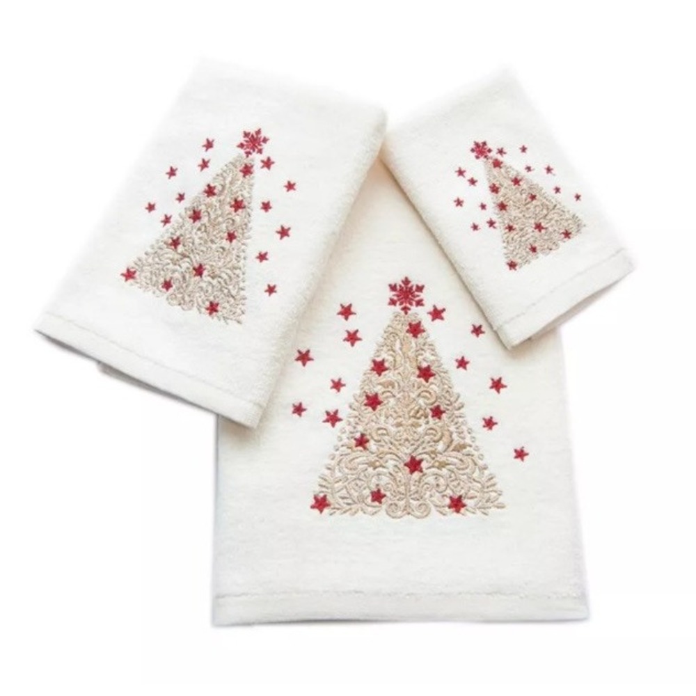 Christmas Holiday Embroidered Towel Set 100% Cotton‎ 3 Piece Tree Stars Gold Red